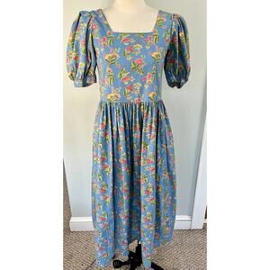 VTG Komil Honolulu Dress Square Neck MIDI Blue Floral A-line Puff Sleeves SM